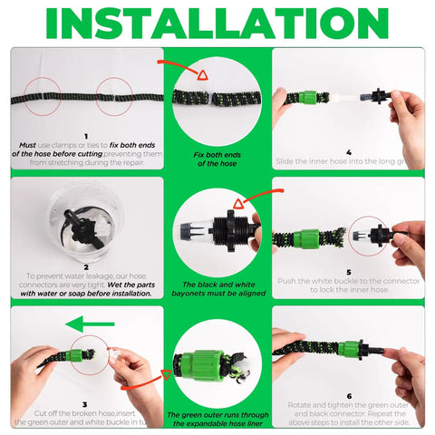 Installation steps for 4 Pack Expandable Garden Hose Repair Kit With Universal Dual Channel Female And Male Connectors For 25 To 100 Foot Expandable Hoses Make Quick Work Of Three Quarter Inch And Five Eighth Inch Hoses Green