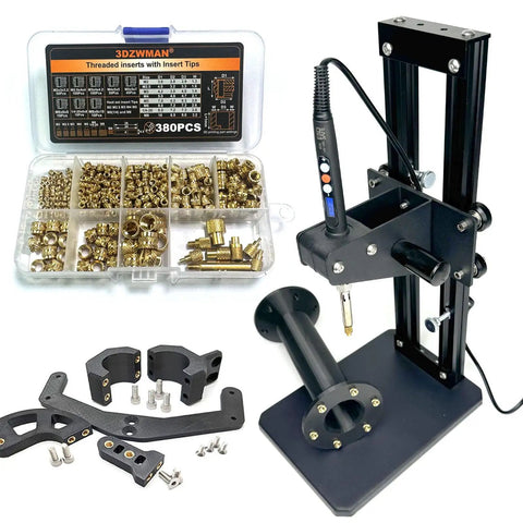 Heat Press And Heat Set Insertion Tool Kit With 380 Threaded Inserts, Heat Set Tips M2 To M8, Brass Knurled Nuts, Insertion Height 210mm, 60W Soldering Iron displayed with components.