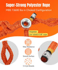 Kickass Adjustable Arborist Rigging Sling With Smooth Aluminum Block Ring Five Eighth Inch By 6 Point 7 Feet 10 Pocket Quick Setup Tree Lowering Gear Rated 13600 Lbs Break Strength polyester rope detail with smooth aluminum ring.