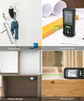 Collage of 130ft Laser Distance Meter With Dual Bubble Levels used for decoration, handicraft art, home design, and woodwork.