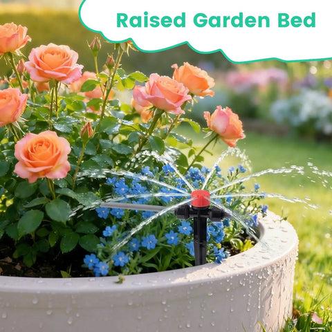 Effortless Plug-and-Play Drip Irrigation System With Quick-Connect Fit watering flowers in raised garden bed