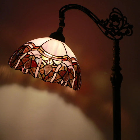 Tiffany Style Floor Lamp With Stained Glass Shade Adjustable Arched Gooseneck 66 Inch Tall Bronze Base Antique Reading Light
