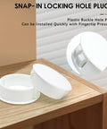 White 50 Mm Round Hole Plugs Set Of 6 For Flush Snap In Covers And Screw Hole Caps shown with plug and locking feature on wood surface.