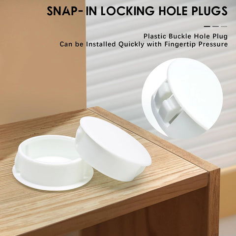 White 50 Mm Round Hole Plugs Set Of 6 For Flush Snap In Covers And Screw Hole Caps shown with plug and locking feature on wood surface.