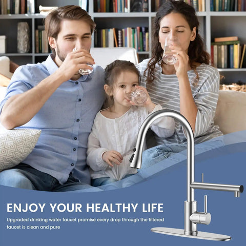 Premium Brushed Nickel Filtered Water Kitchen Faucet Featuring Smooth Pull Down Sprayer And Dual Flow Settings For Hectic Daily Household Cleaning with family enjoying purified water.