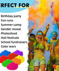 People enjoying color powder, showcasing uses for Bulk Holi Color Powder 40 Pound Kit In 8 Pack 5 Pound Each For Color Runs Smoke Powder Chalk Gender Reveal Fun Run Color Wars And Large Events Non Toxic Cornstarch Dyes For 100 Plus Participants