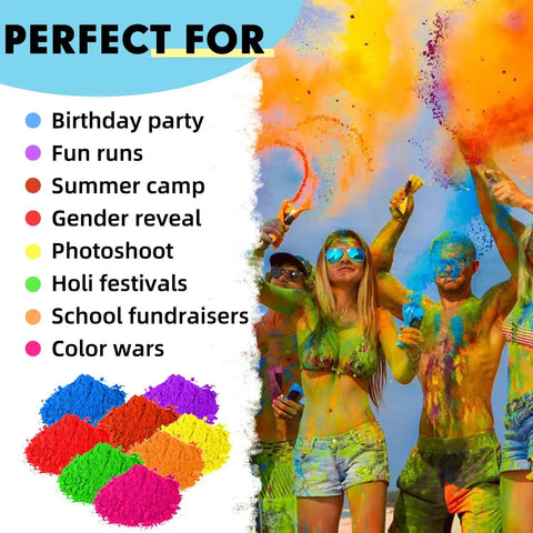 People enjoying color powder, showcasing uses for Bulk Holi Color Powder 40 Pound Kit In 8 Pack 5 Pound Each For Color Runs Smoke Powder Chalk Gender Reveal Fun Run Color Wars And Large Events Non Toxic Cornstarch Dyes For 100 Plus Participants