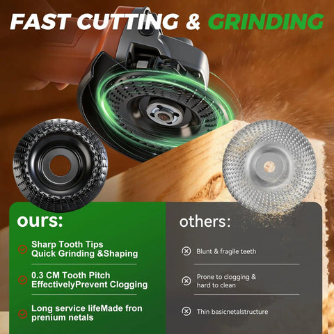 Pro Grade Five Piece Wood Carving Disc Set For 4 And 4.5 Inch Angle Grinders with discs displayed for woodworking