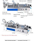 Straight Up Pneumatic Liquid Filling Machine And Horizontal Piston Dispenser For Engine Oil Honey Shampoo Detergent Adjustable Pour Volume 25 To 250 Milliliters Heavy Duty Setup with labeled parts.