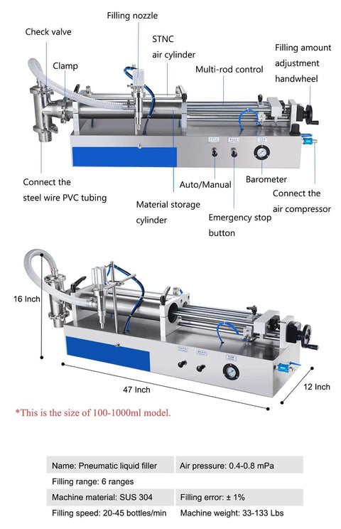 Straight Up Pneumatic Liquid Filling Machine And Horizontal Piston Dispenser For Engine Oil Honey Shampoo Detergent Adjustable Pour Volume 25 To 250 Milliliters Heavy Duty Setup with labeled parts.