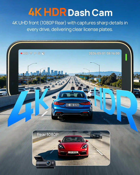 4K Front And 1080P Rear Dash Cam With 5GHz WiFi 6, 4G LTE Remote Access capturing clear road view with HDR night vision