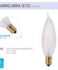 25W Flame Tip Frosted Candelabra Light Bulbs, E12 Base, 120V Incandescent Dimmable Warm White For Chandeliers Pendants Ceiling Fans And Sconces, Pack Of 12, close-up of bulb and base measurement