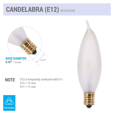 25W Flame Tip Frosted Candelabra Light Bulbs, E12 Base, 120V Incandescent Dimmable Warm White For Chandeliers Pendants Ceiling Fans And Sconces, Pack Of 12, close-up of bulb and base measurement