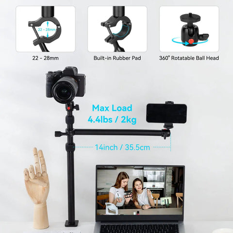 Desk Mount Camera Stand With Magic Arm And One Quarter Inch Ball Head Adjustable 13 To 35 Inch Light Stand with DSLR setup.