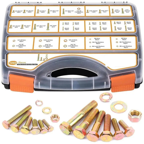 Heavy Duty Metric Hex Bolts Kit With Nuts And Washers 1060 Piece Industrial Fastener Set Built For DIY Projects And Auto Shop Use All In One For Quick Fixes And Durable Threaded Connections. 1060-piece alloy steel case with bolts, nuts, and washers