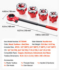 Ratcheting Pipe Threader Kit With Four Dies And Portable Toolbox For Easy Plumbing Install And Repair, Includes 1/2 NPT, 3/4 NPT, 1 NPT, And 1-1/4 NPT Dies, Works With Copper, Aluminum, Galvanized And Iron Pipes, showing dies and handle measurements.
