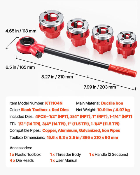 Ratcheting Pipe Threader Kit With Four Dies And Portable Toolbox For Easy Plumbing Install And Repair, Includes 1/2 NPT, 3/4 NPT, 1 NPT, And 1-1/4 NPT Dies, Works With Copper, Aluminum, Galvanized And Iron Pipes, showing dies and handle measurements.