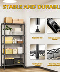 Heavy Duty 5 Tier Metal Storage Shelves with Wire Racks for Garage Kitchen Bathroom and Laundry, 1250 Lbs Capacity, Space Saving Freestanding Organizer, Black Finish, 13.8 D x 29.5 W x 59.5 H black metal shelf with boxes and bins in room