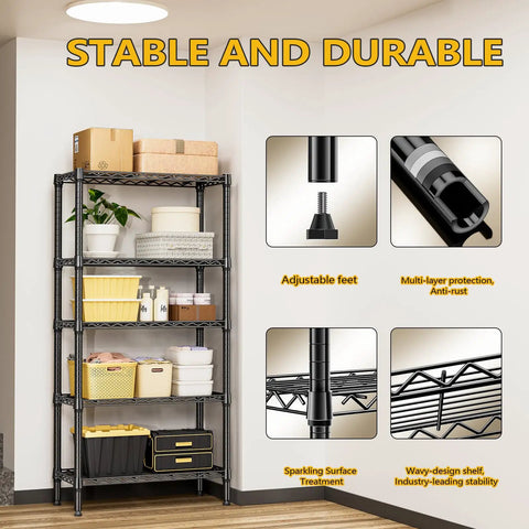 Heavy Duty 5 Tier Metal Storage Shelves with Wire Racks for Garage Kitchen Bathroom and Laundry, 1250 Lbs Capacity, Space Saving Freestanding Organizer, Black Finish, 13.8 D x 29.5 W x 59.5 H black metal shelf with boxes and bins in room