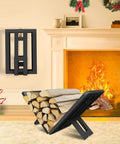Indoor Outdoor Firewood Rack Portable Wood Log Holder Built From Black Steel Heavy Duty Firewood Stand For Fireplace Or Firepit No Assembly Needed Unfolds In Seconds Keeps Firewood Organized And Ready To Burn shown beside a lit fireplace