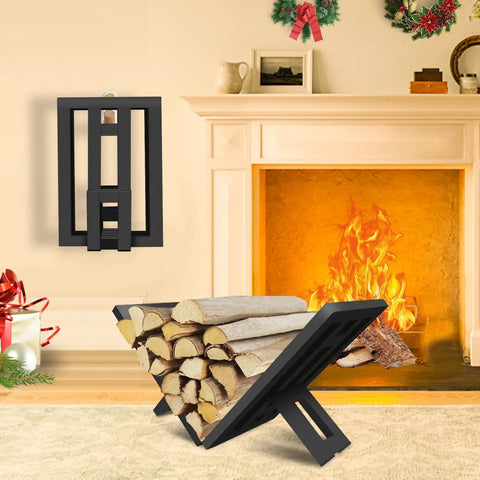 Indoor Outdoor Firewood Rack Portable Wood Log Holder Built From Black Steel Heavy Duty Firewood Stand For Fireplace Or Firepit No Assembly Needed Unfolds In Seconds Keeps Firewood Organized And Ready To Burn shown beside a lit fireplace