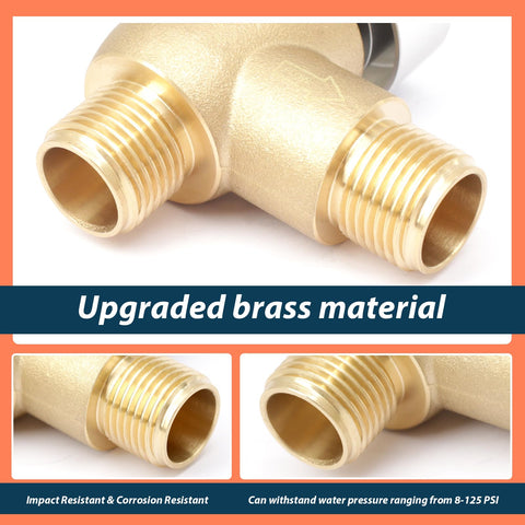 Close-up of Brass RV Vacuum Breaker Check Valve for Camper Trailer, showing 1/2 inch brass threads and durable construction.