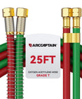Grade T Heavy Duty Oxygen Acetylene Hose For Welding Torch Use One Quarter Inch By Twenty Five Foot With Nine Sixteen Eighteen B Fittings And Spring Guard Protection For Oxy Acetylene Flame Welding And Cutting with red/green twin-line and spring guard.