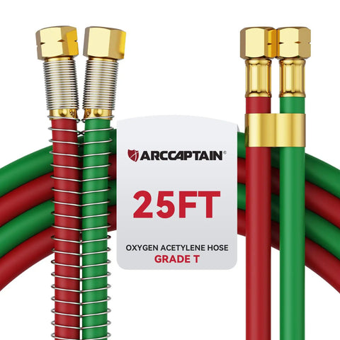 Grade T Heavy Duty Oxygen Acetylene Hose For Welding Torch Use One Quarter Inch By Twenty Five Foot With Nine Sixteen Eighteen B Fittings And Spring Guard Protection For Oxy Acetylene Flame Welding And Cutting with red/green twin-line and spring guard.