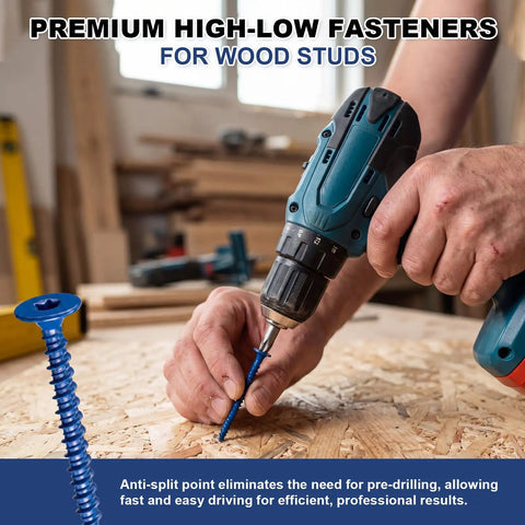 Heavy Duty Blue Ceramic Wood Screws For Backer Board And Cement Tile, A Hella Solid 1000 Pack Of 1-5/8 Inch Fasteners being drilled into wood.