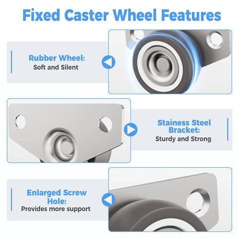 Mini Side Mount Caster Wheels With Cushioned Rubber Treads And Low Profile Build For Zero Sweat Rolling Sliding Doors Drawer Bins Kitchen Carts And Cabinet Units That Glide Smooth As Anything On Hard Surfaces features rubber wheel, stainless steel bracket, and enlarged screw hole.