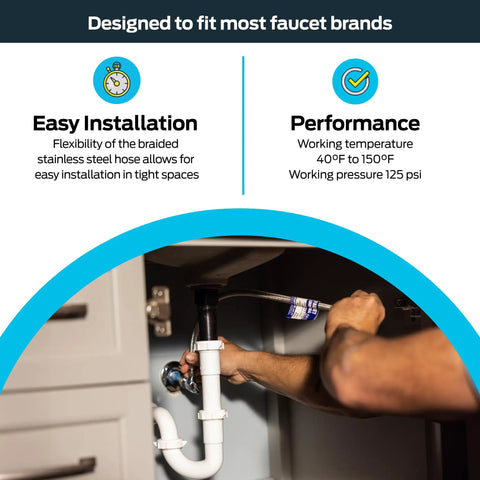 Person installing 20 Inch Stainless Steel Braided Faucet Connector With Flexible Universal Design And Easy Install under sink