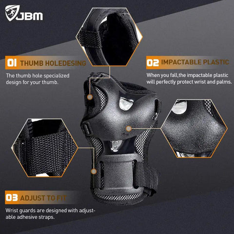 Adult And Youth Knee Pads Elbow Pads With Wrist Guards Protective Gear Set showing wrist guard with impactable plastic and adjustable straps.