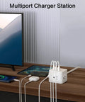 Ultra Compact Six Outlet Surge Protector With Three AC Outlets And Three USB Ports, shown on wooden table