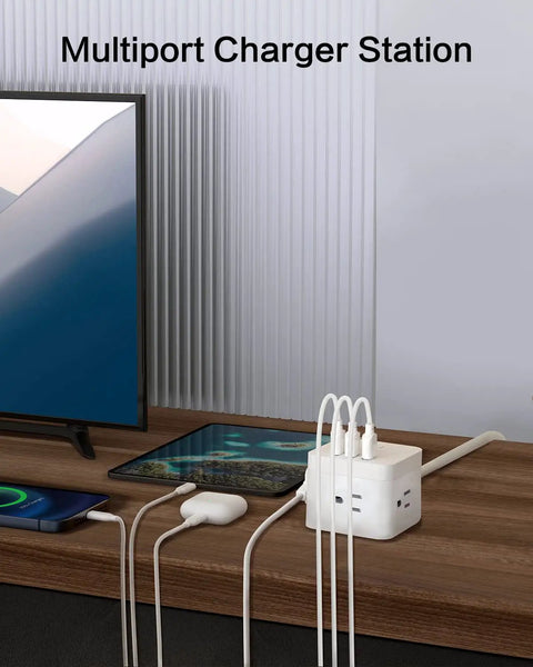 Ultra Compact Six Outlet Surge Protector With Three AC Outlets And Three USB Ports, shown on wooden table