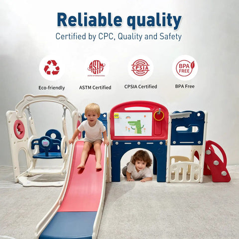 Children playing on 12 In 1 Outdoor Toddler Playset With Slide Swing Basketball Hoop Climbing Wall Tunnel And Hideout Kid Friendly