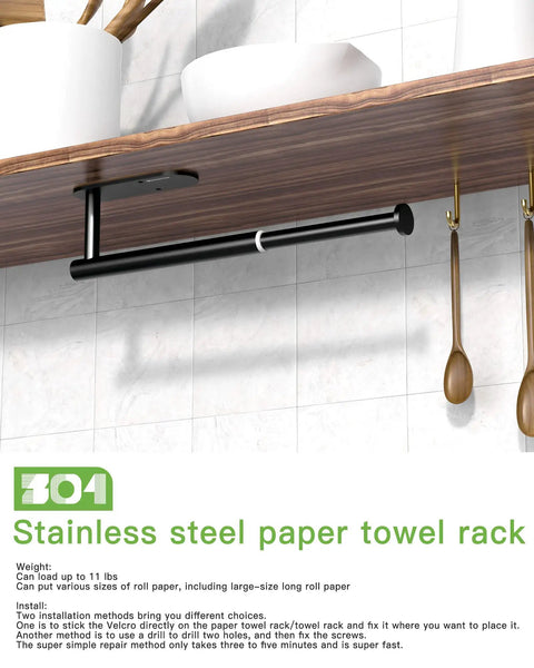 Adjustable Self Adhesive Paper Towel Holder Under Cabinet And Under Counter Wall Mount For Kitchen And Bathroom Organization No Drill Install Sticks On With Adhesive Pad And Screws Extends From 7.5 To 14 Inches