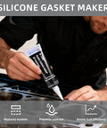 Person applying Gasket Maker Silicone Sealant for High Temperature RTV Black 3.53 Oz on a metal engine flange.
