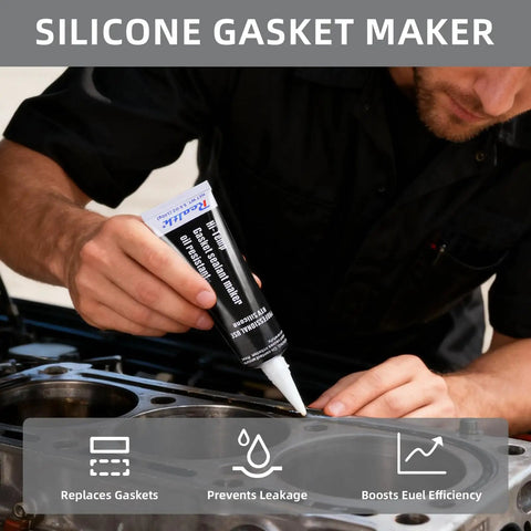 Person applying Gasket Maker Silicone Sealant for High Temperature RTV Black 3.53 Oz on a metal engine flange.