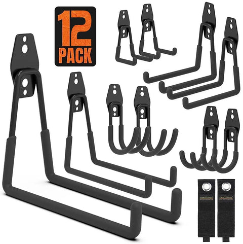 Heavy Duty Garage Wall Hooks Set 12 Pack With 2 Extension Cord Holders For Total Tool Organization, Sturdy Steel Mount Hangers For Bikes, Ladders, Garden Tools And Other Gear