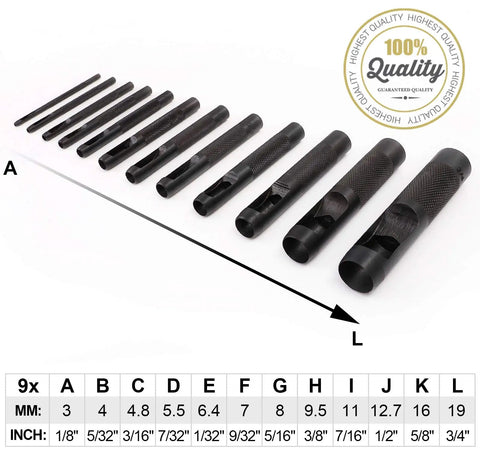 12 Piece Hollow Punch Set 1/8 To 3/4 Inch Built Tough Carbon Steel Leather Hole Punch Kit with size chart for Belts and DIY Projects