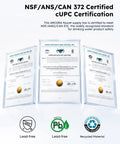 NSF/ANS/CAN 372 certified documents for cUPC certification showing lead-free faucet supply line safety standards.