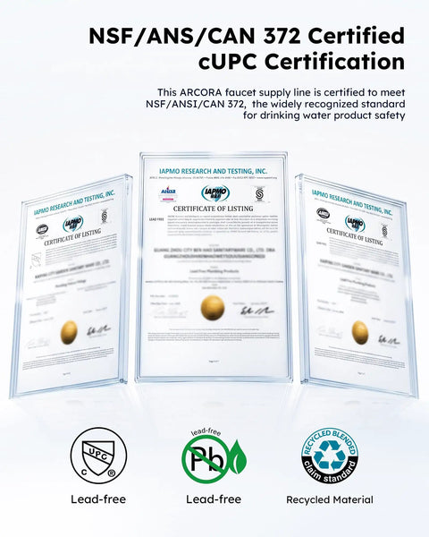 NSF/ANS/CAN 372 certified documents for cUPC certification showing lead-free faucet supply line safety standards.