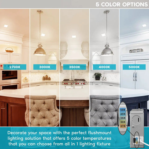 5 color temperature options for the 4 Inch Ultra Thin Square LED Recessed Light With J Box Dimmable 12W 950 Lumens