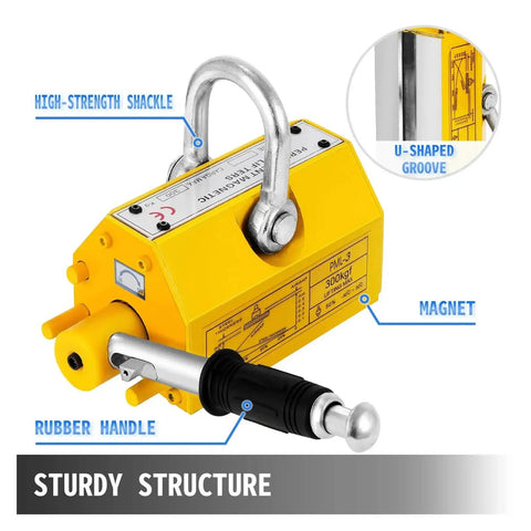 Heavy Duty Steel Magnetic Lifter With 660 LB Neodymium Magnet showing high-strength shackle and rubber handle for safe rigging.