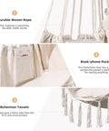 Details of hammock chair with rope swing, showing durable woven ropes, a book/phone pocket, and bohemian tassels.