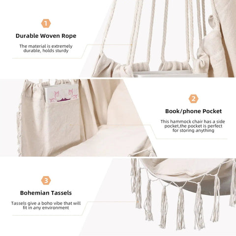 Details of hammock chair with rope swing, showing durable woven ropes, a book/phone pocket, and bohemian tassels.
