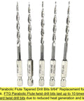Five Piece Parabolic Flute Drill Bit Set for Wood in Nine Sixty Four Inch Size in durable plastic case displayed standing upright.