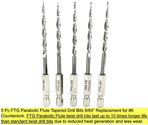 Five Piece Parabolic Flute Drill Bit Set for Wood in Nine Sixty Four Inch Size in durable plastic case displayed standing upright.