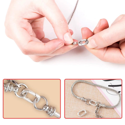 Hands connecting a chain with Your Go To Sterling Silver Oval Clasp Set for Jewelry Making Hypoallergenic Spring Bail Connectors