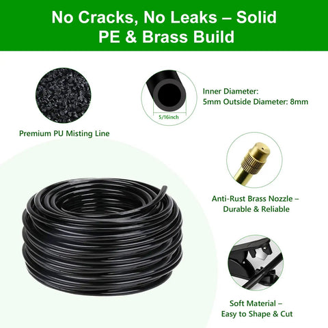All In One 60 Foot Drip Irrigation System With Solid Brass Connectors And Bendable 360 Degree Tubing, materials shown.
